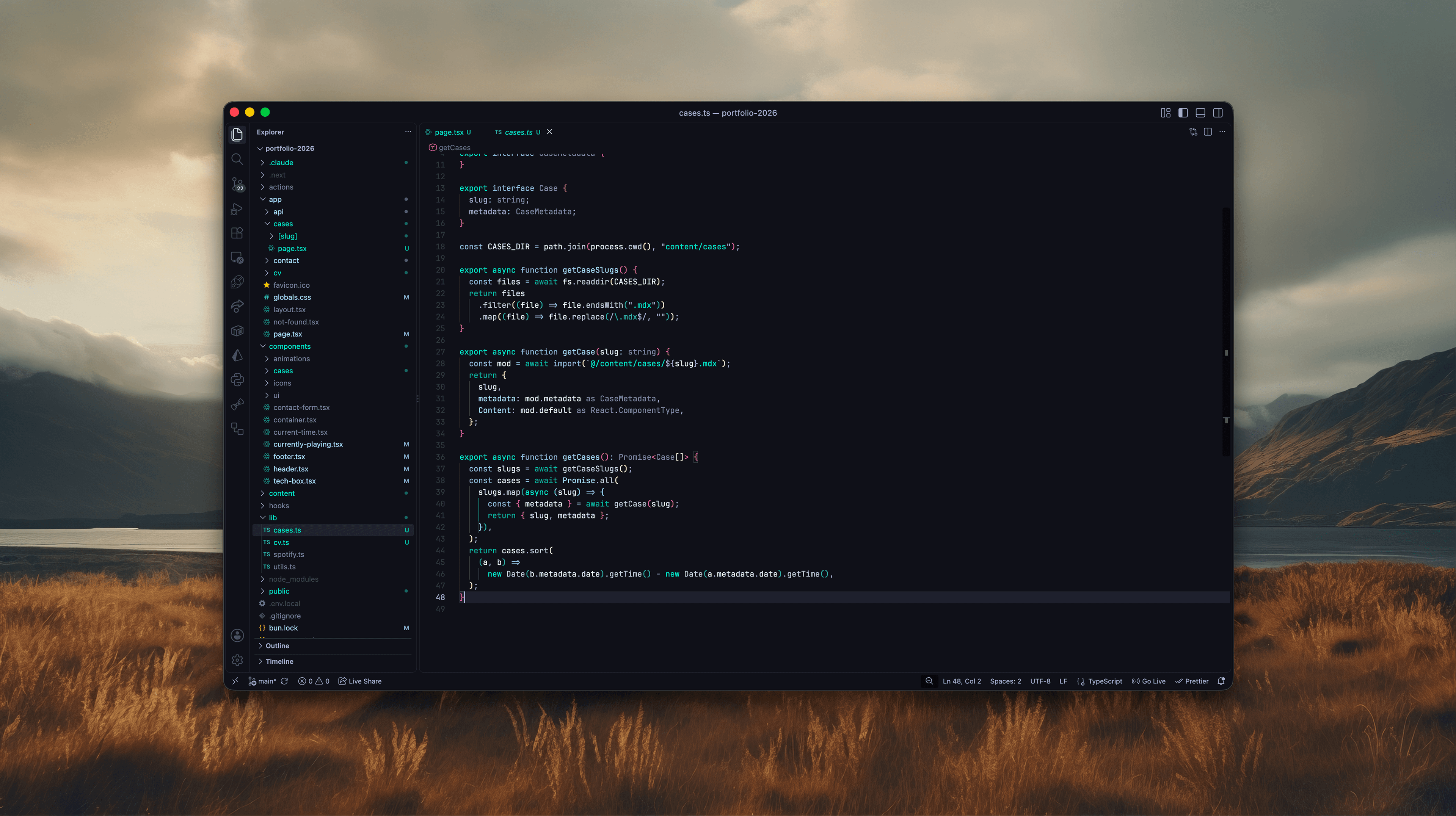 VS Code showing the code that loads the cases on this site